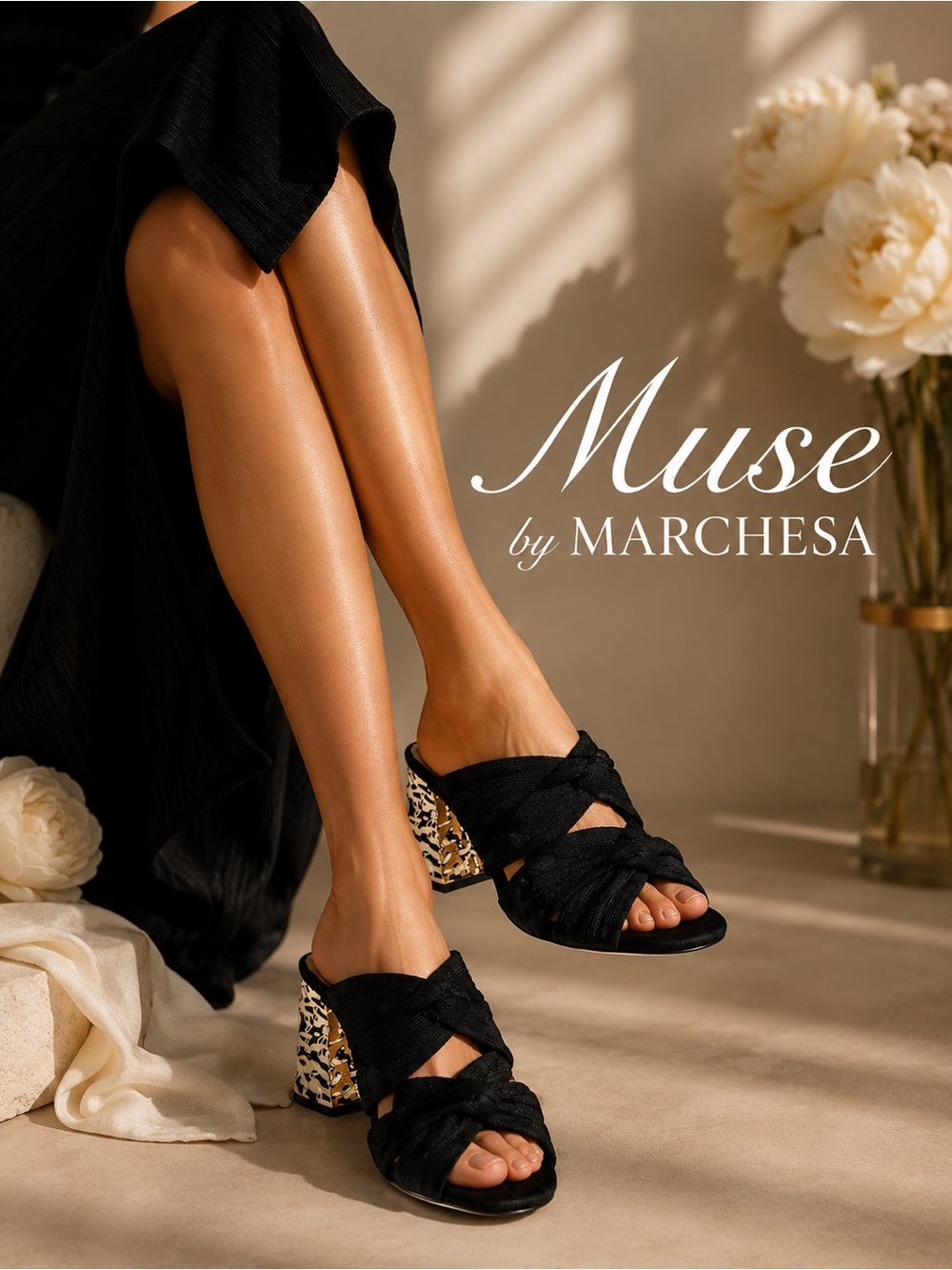 Marchesa Black Knotted Slingback Block Heels NWOB